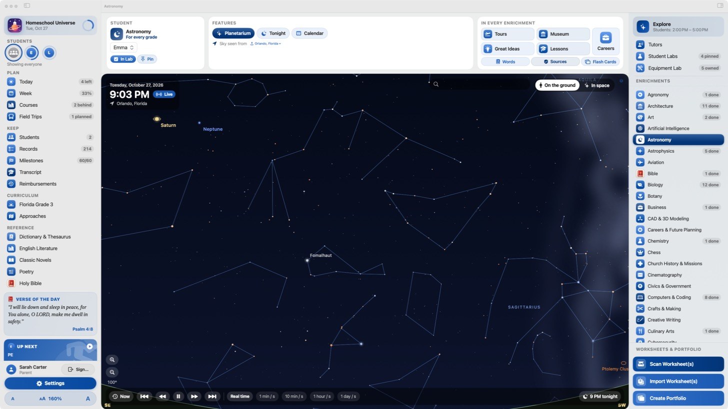 The Astronomy planetarium showing tonight's sky with constellations, Saturn and Neptune.