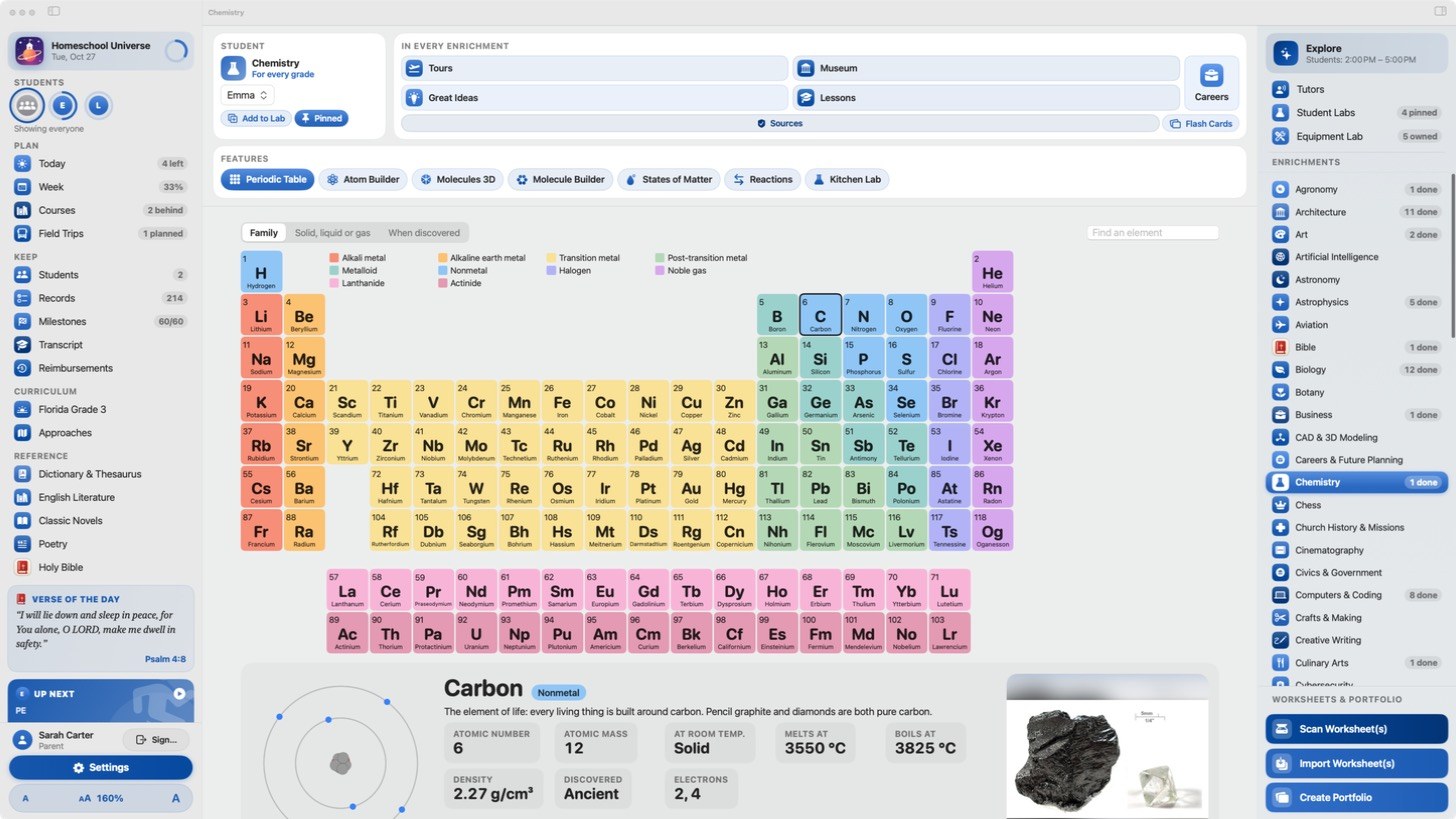 The Chemistry enrichment with an interactive periodic table and details for carbon.
