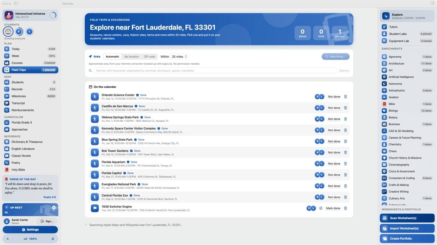 The Field Trips screen listing planned excursions across Florida.