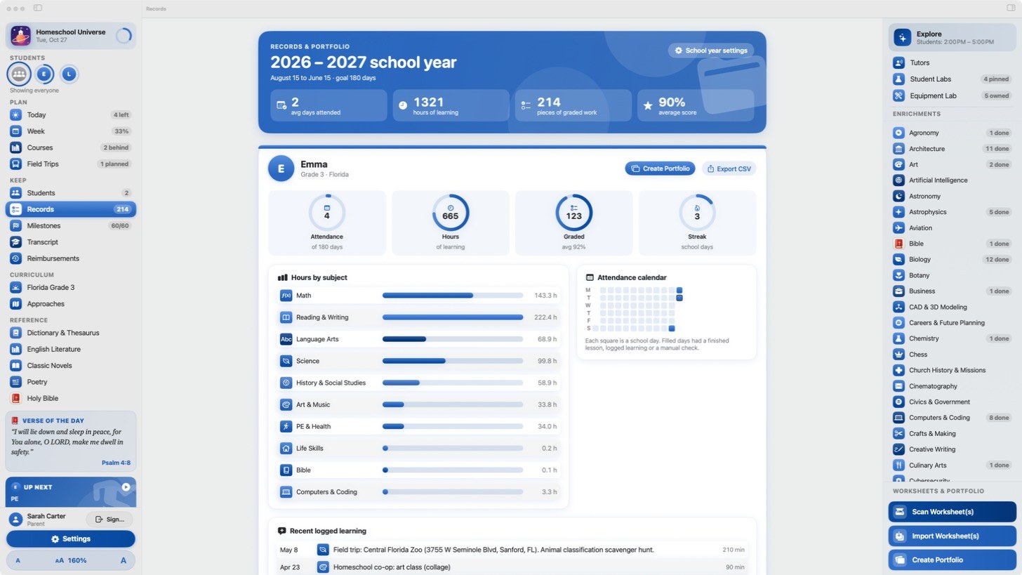 Records and Portfolio screen with attendance, hours of learning and hours by subject.