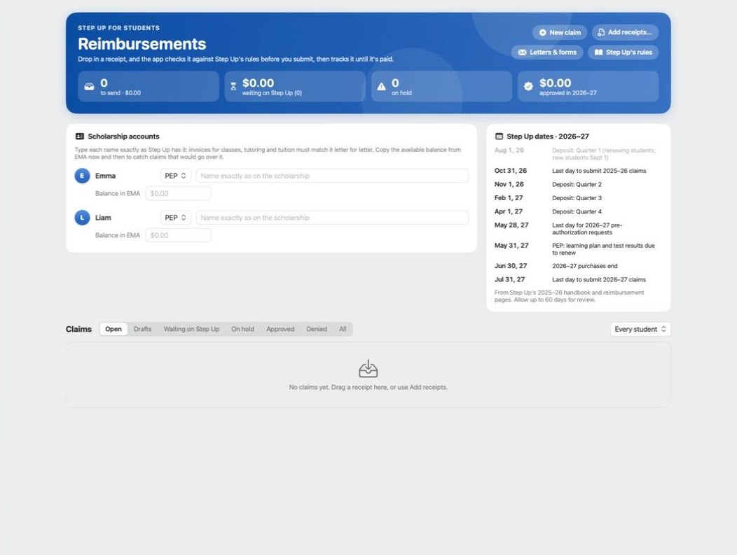 Step Up for Students reimbursements screen with claim totals and important dates.