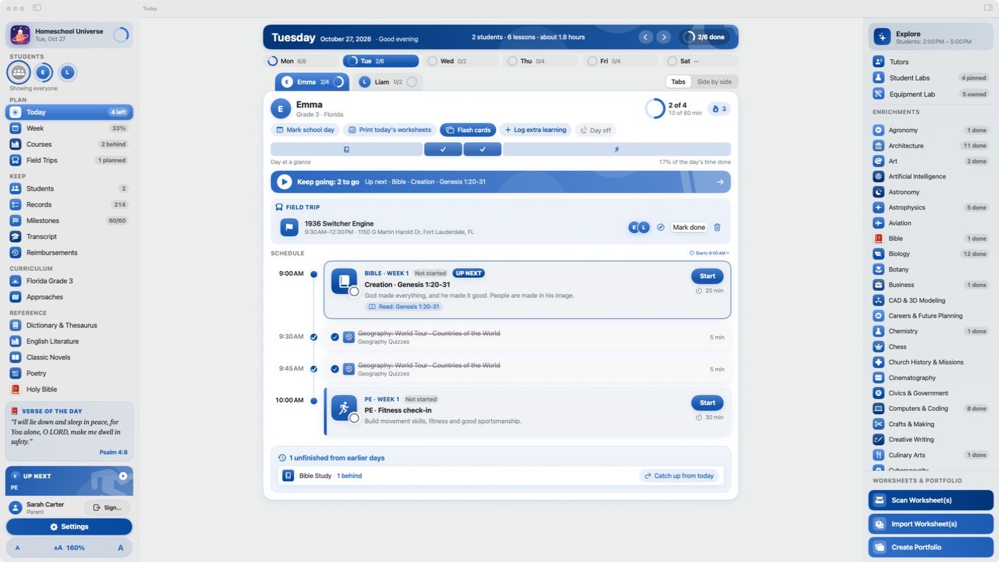 The Today view in Homeschool Universe, showing a student's schedule, an upcoming field trip and lessons to start.