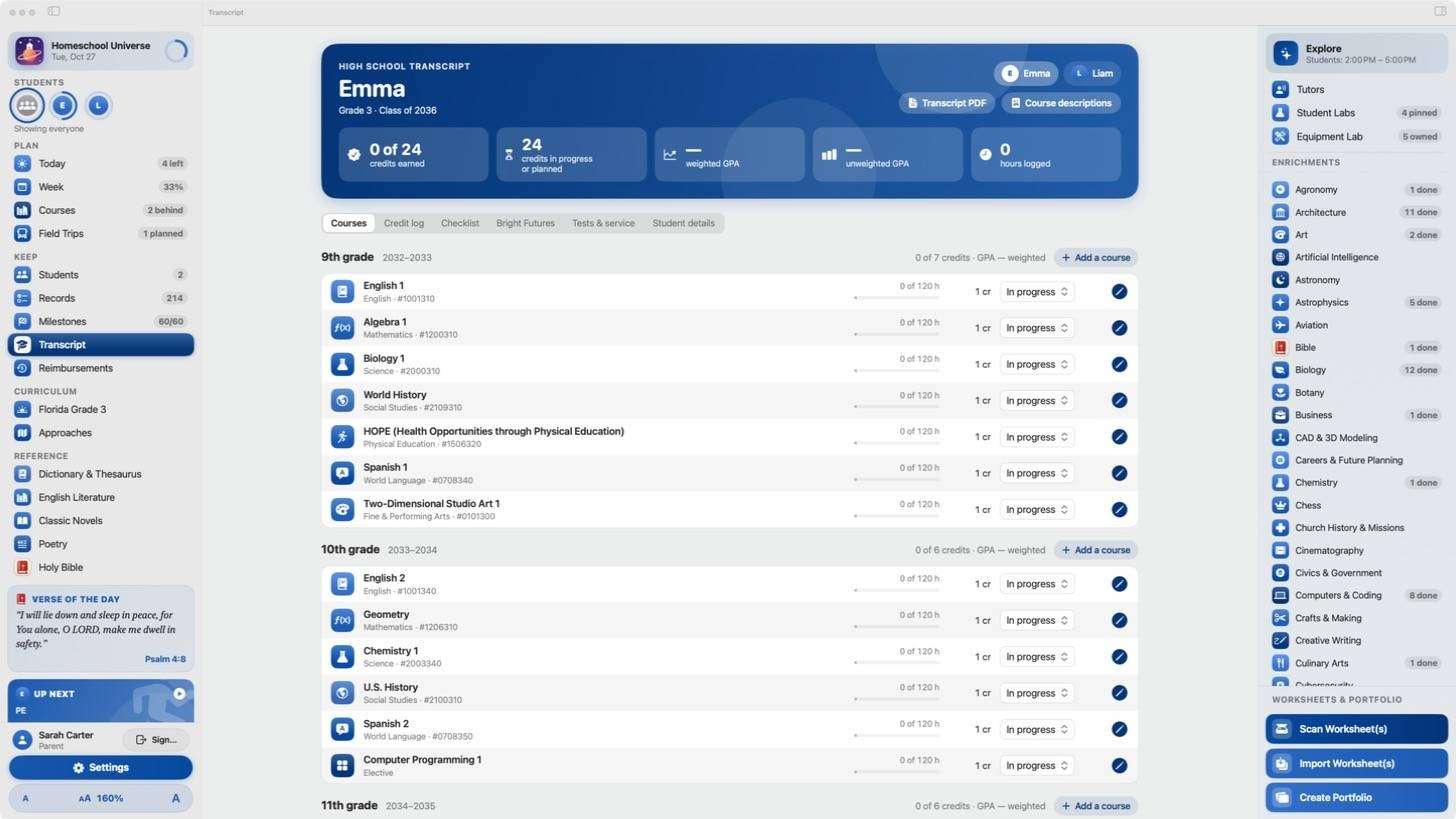 High school transcript screen listing 9th and 10th grade courses and credits.